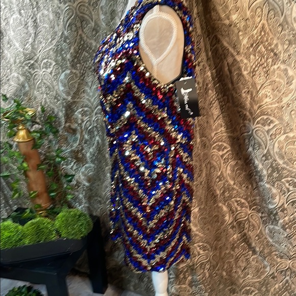 Glamorous One-Shoulder Sequin Dress - Blue and Red - Picture 6 of 12